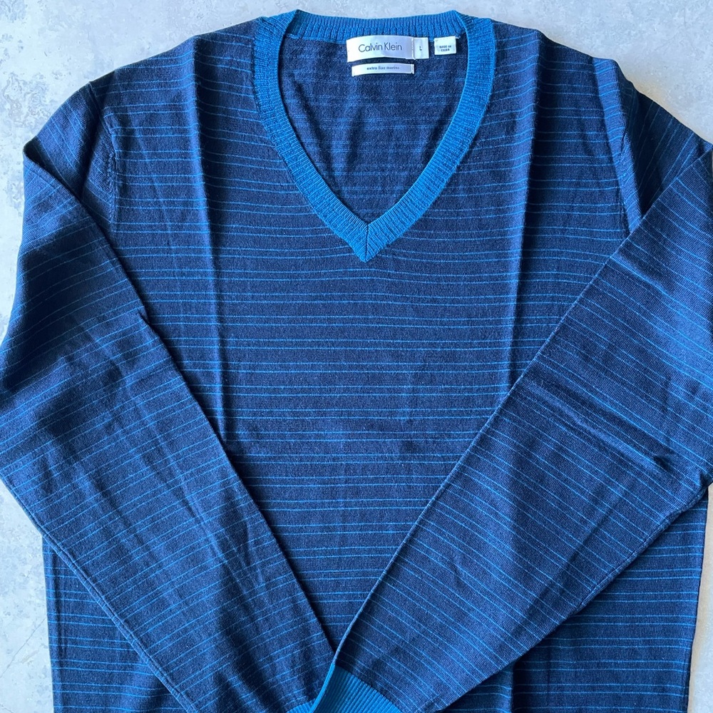Calvin Klein Stripped Blue V-Neck Merino Sweater